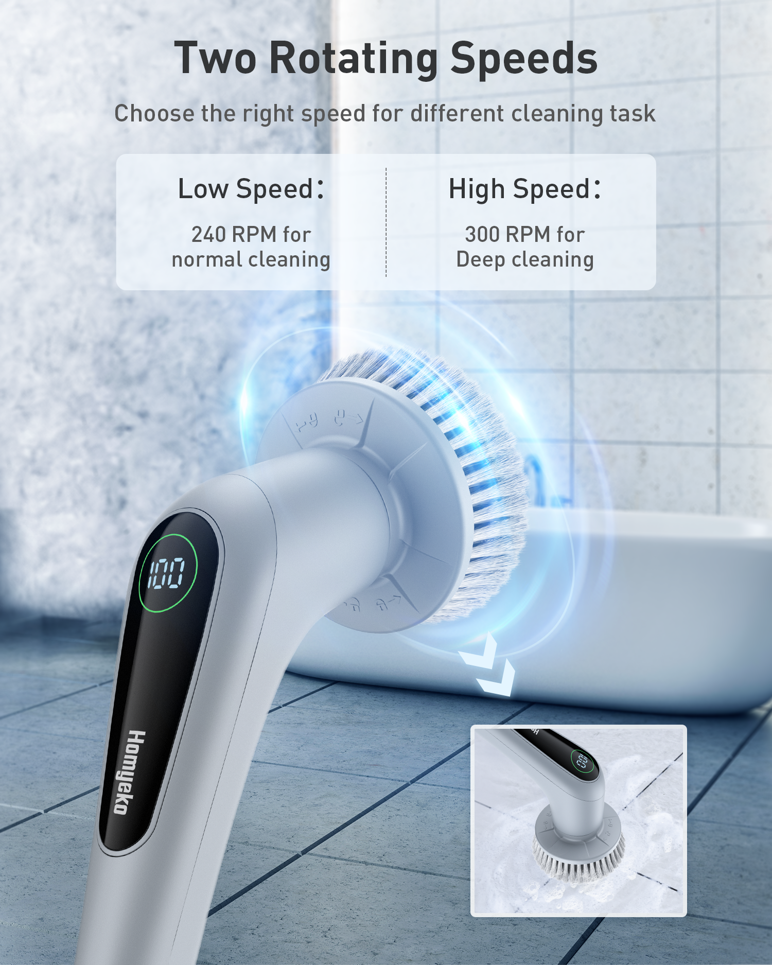 EXFEEKO Electric Spin Scrubber, 2-in-1 Long & Short Handle, 25W Powerful  Cleaning, Suitable for Kitchen & Bathroom, White